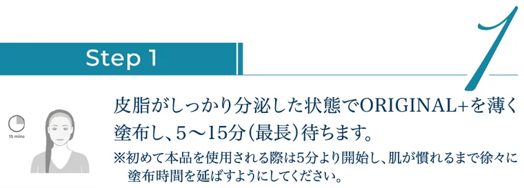 ステップ1:皮脂が分泌された状態でORIGINAL+を薄く塗布し、5〜15分(最長)待つ。初めは5分から徐々に延ばす