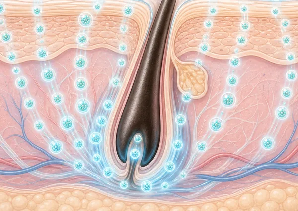 リポソーム技術で有効成分が毛根まで浸透するイメージ図